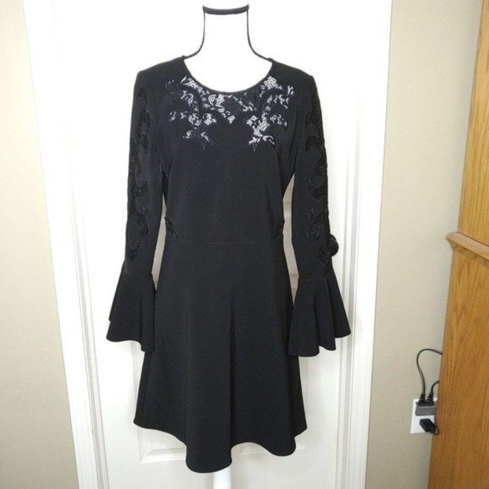 NEW Parker Fit n Flare Dress Inlaid Lace Design Trumpet Sleeves Sz 10
